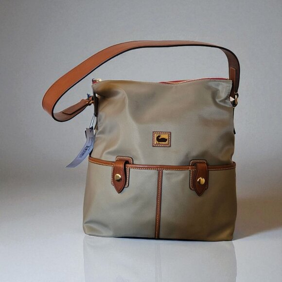 Dooney & Bourke Wayfarer Boho Nylon/Leather Large Shoulder Bag Taupe NWT - Picture 1 of 16